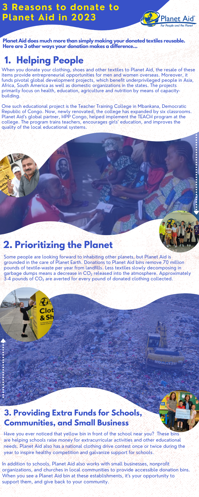 A listicle describing the three reasons why you should donate to Planet Aid in 2023