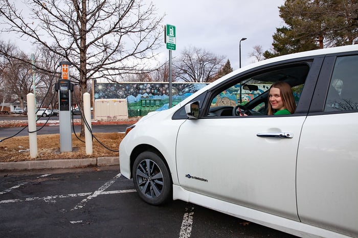 Woman in an electric vehicle