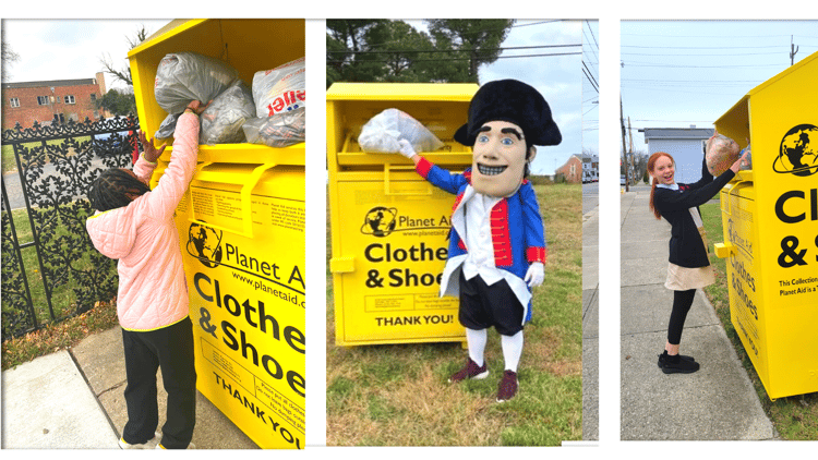 Children and mascot dropping off textiles at Planet Aid bins