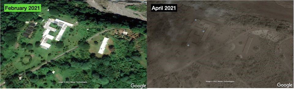 Richmond Vale Academy campus before and after the volcanic eruption in April