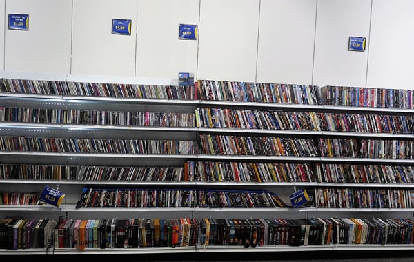 Wall of DVD's, videos, cassettes and more.