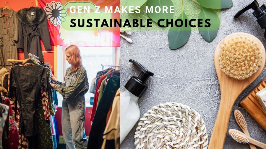 Generation Z is making sustainable choices text (vintage store and eco-friendly products)