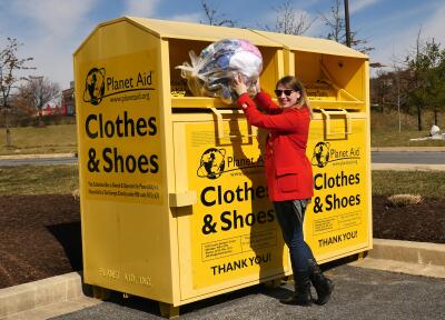 donate, clothes, textiles, recycle, planet aid, bin