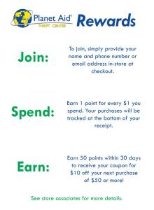 Planet Aid, Planet Aid Thrift Center, rewards program
