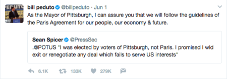bill peduto, comments, pittsburgh, climate change, paris agreement, twitter, planet aid