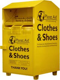 bin, yellow, donation, textiles, recycle, planet aid