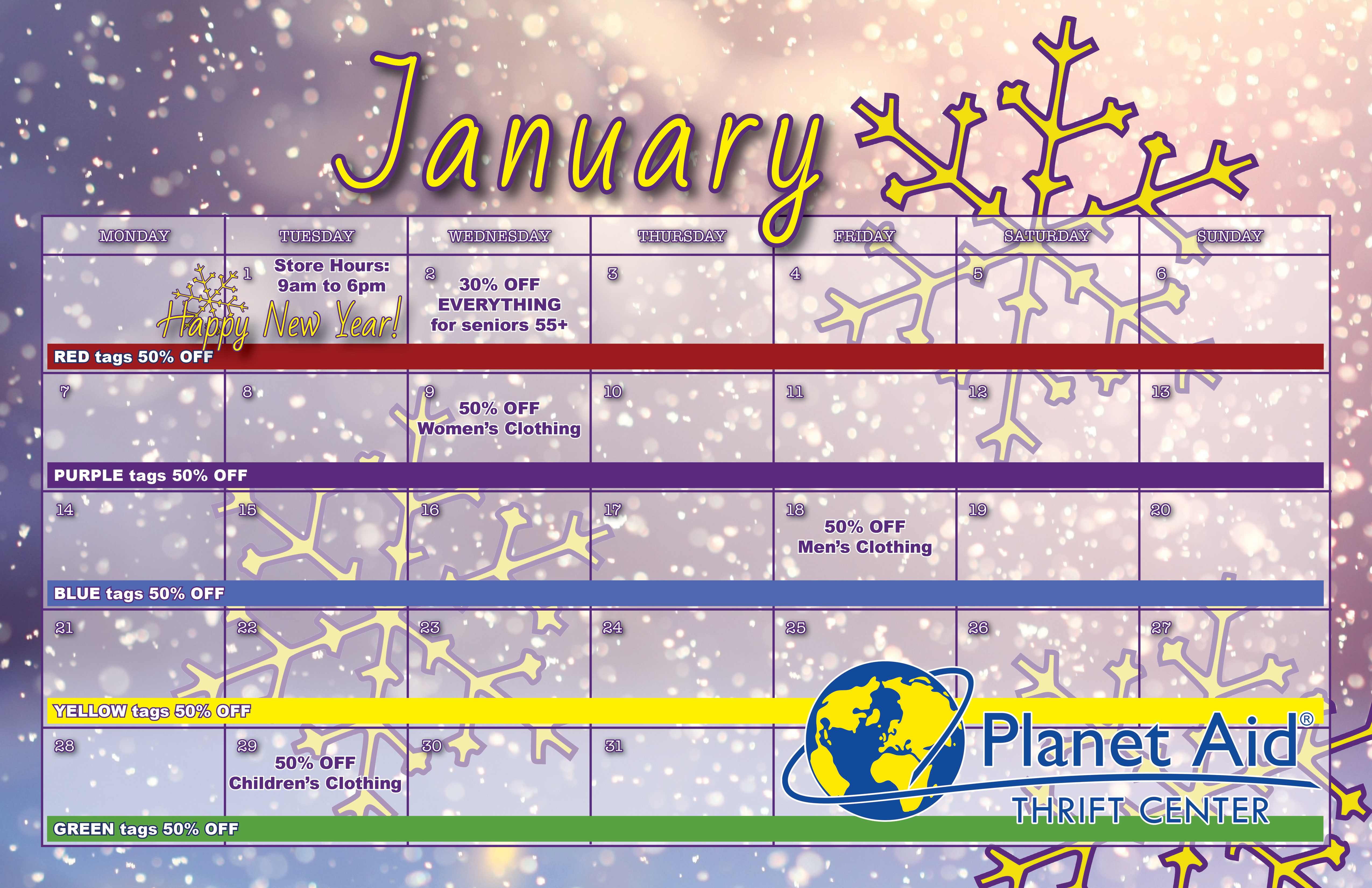 Planet Aid Thrift Store January sales calendar